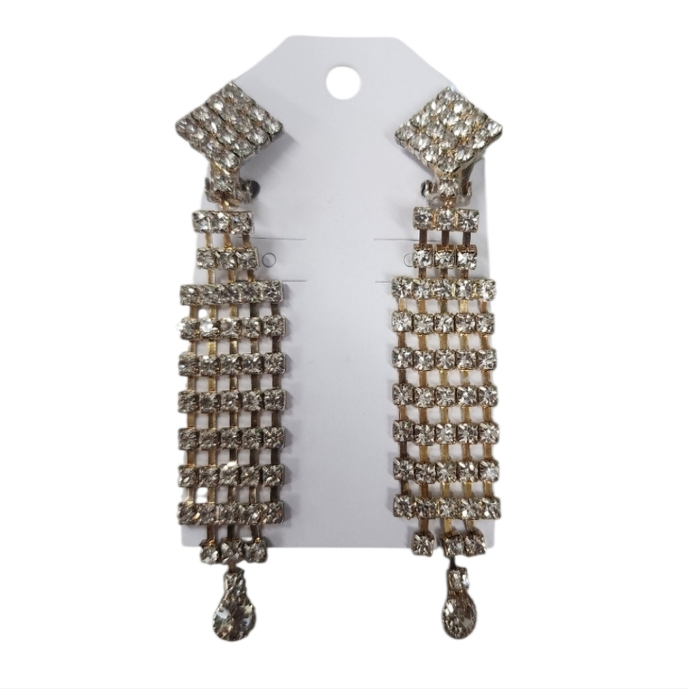 Vintage Rhinestone Mesh Dangle Chandelier Clip-on Earrings